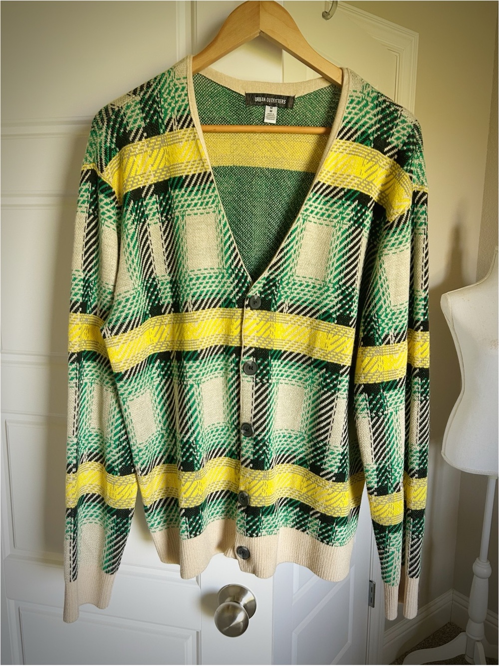 Urban Outfitters Plaid‎ Graphic Cardigan Unisex Medium Preppy Green Retro